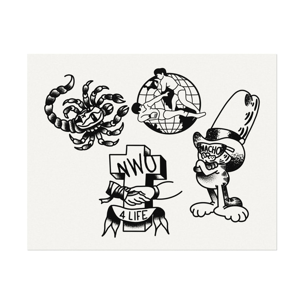 Pro Wrestling Tattoo Flash Sheet Poster — Matte Watercolor